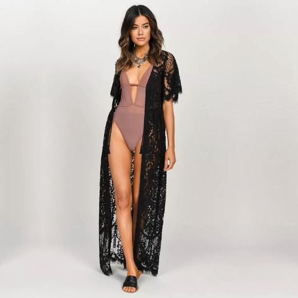 SOLD OUT Black Eyelash Floral Lace Long Duster Coverup Robe - Picture 2 of 3